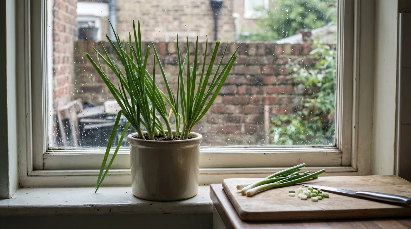 Pot of slim spring onions growing upright on a bright UK kitchen windowsill