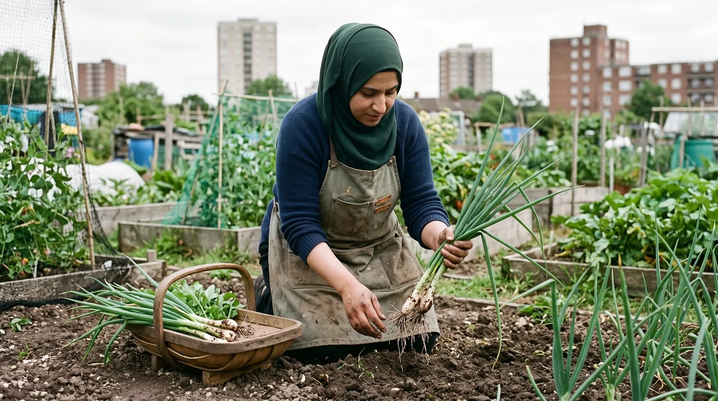 Gardener in a hijab pulling a cluster of pencil-thick spring onions on a city allotment