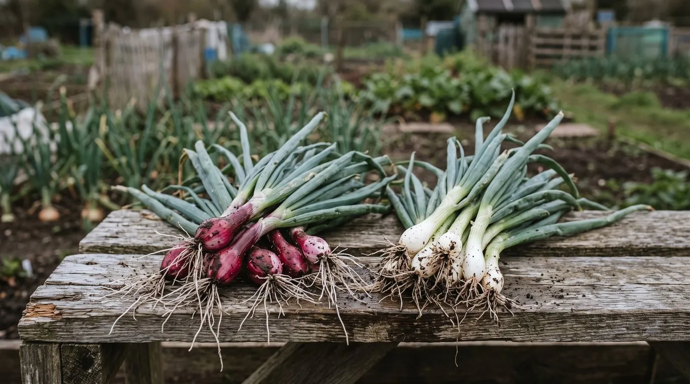 Red-stemmed and white spring onions freshly pulled and laid on an allotment bench