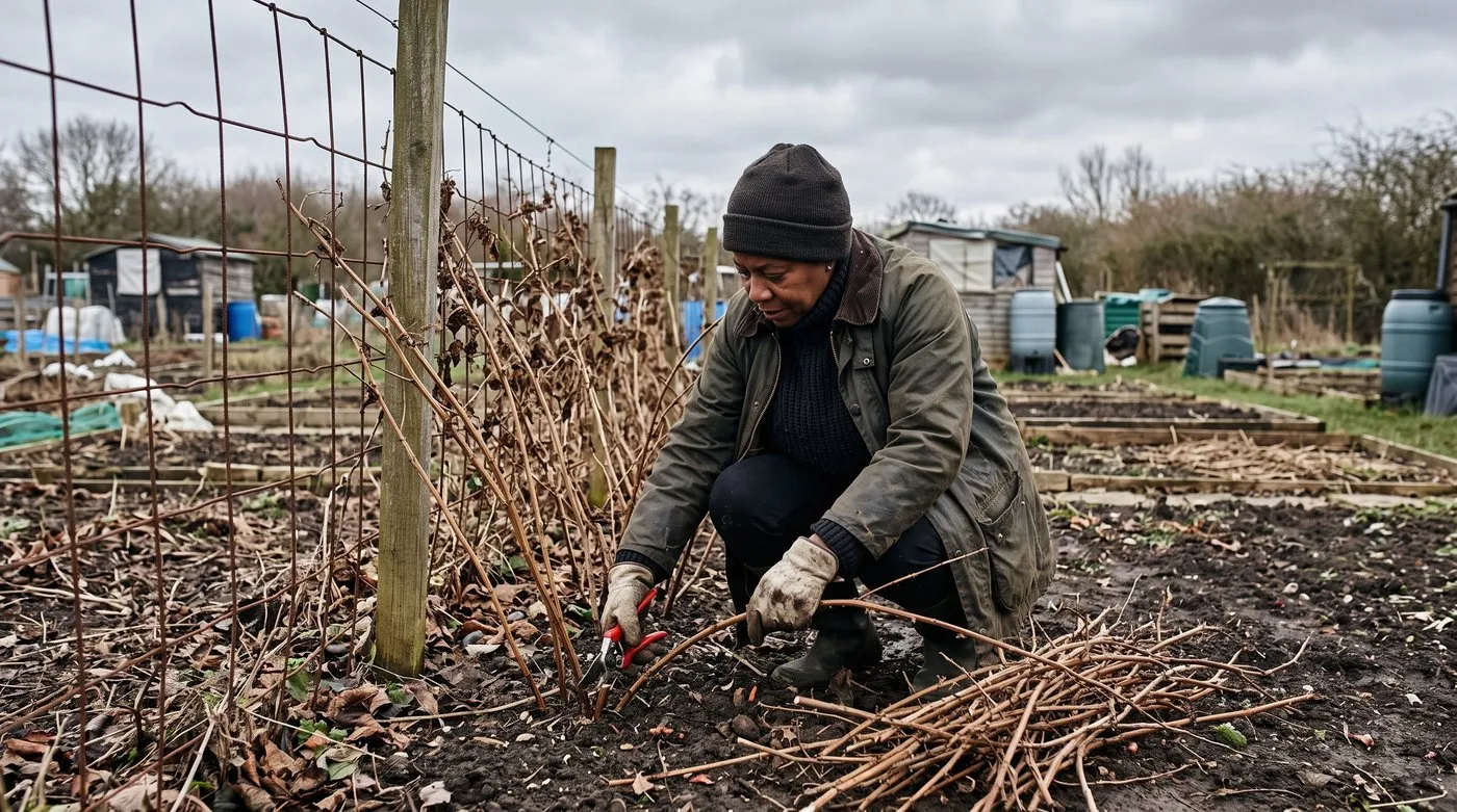 Gardener cutting autumn raspberry canes down to the ground with secateurs on an allotment in February