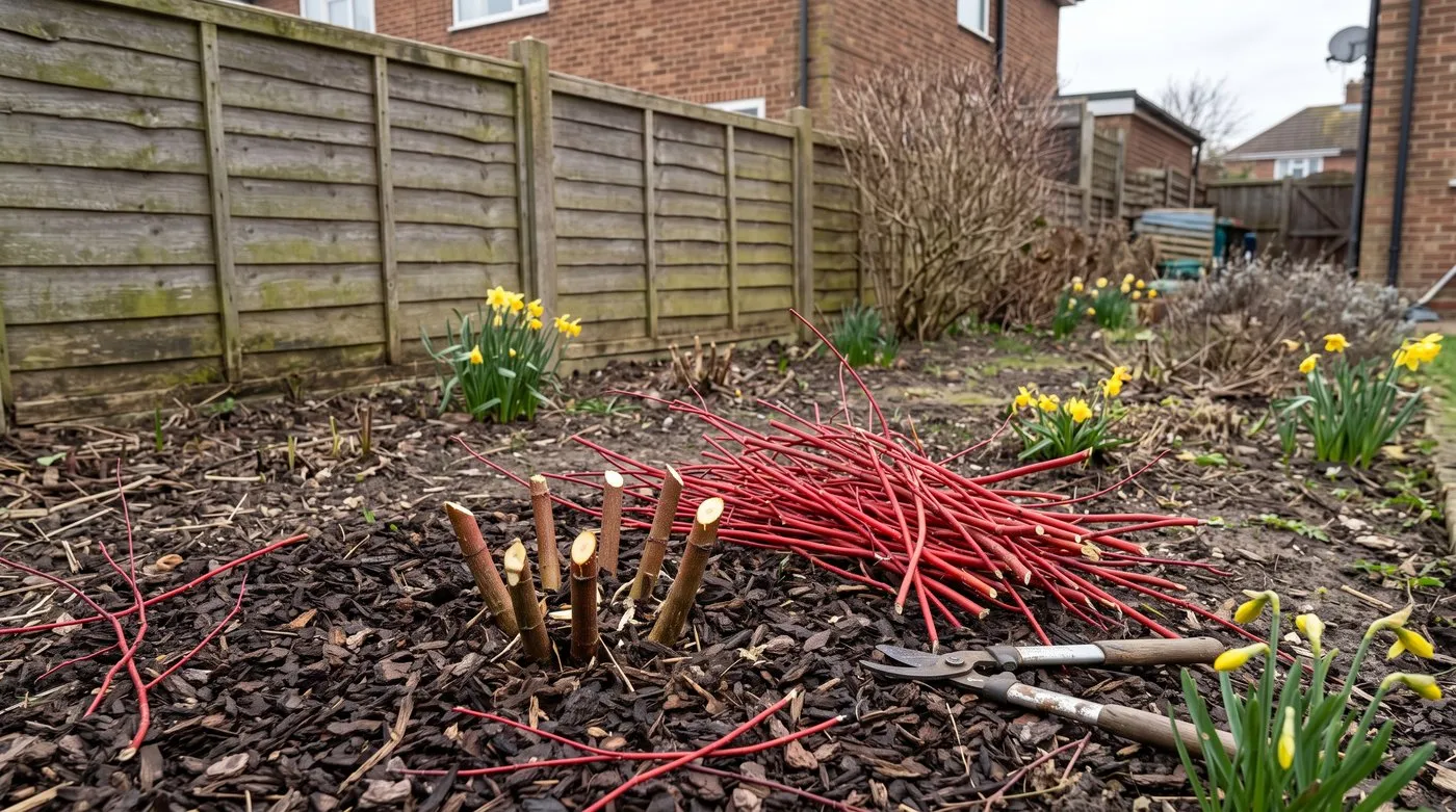 Red-stemmed dogwood cut back to short stumps in March, with a pile of pruned red stems beside it