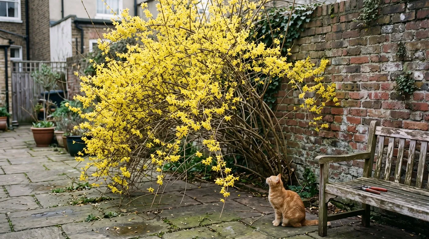 Forsythia shrub in full yellow flower in a courtyard garden, with secateurs left on a bench and a cat nearby