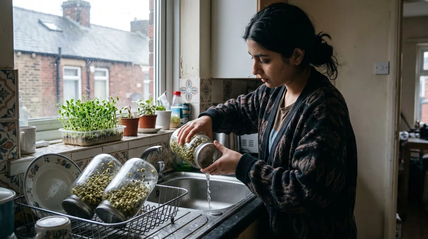Woman draining a jar of mung bean sprouts at a kitchen sink with more jars propped at an angle