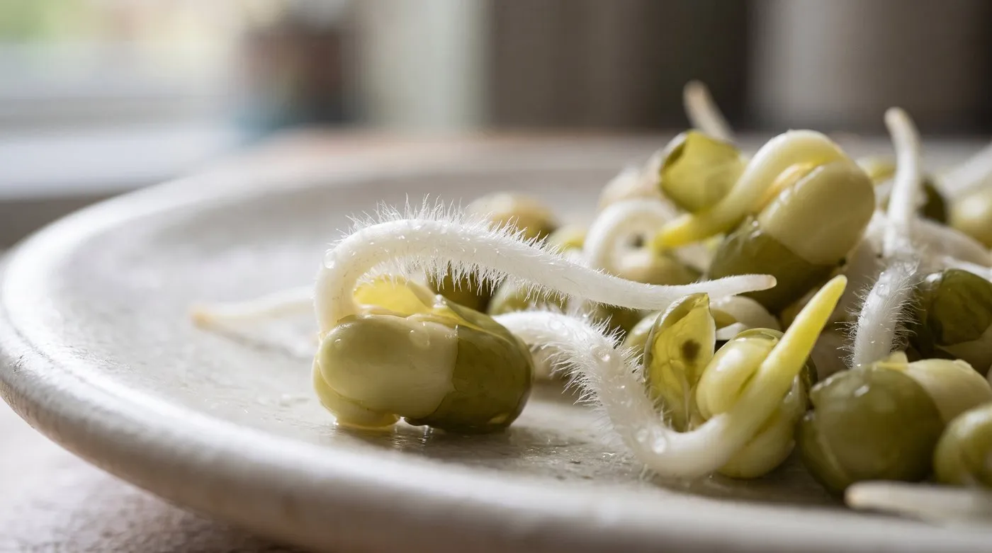 Close-up of mung bean sprouts with fine fuzzy white root hairs along the tails