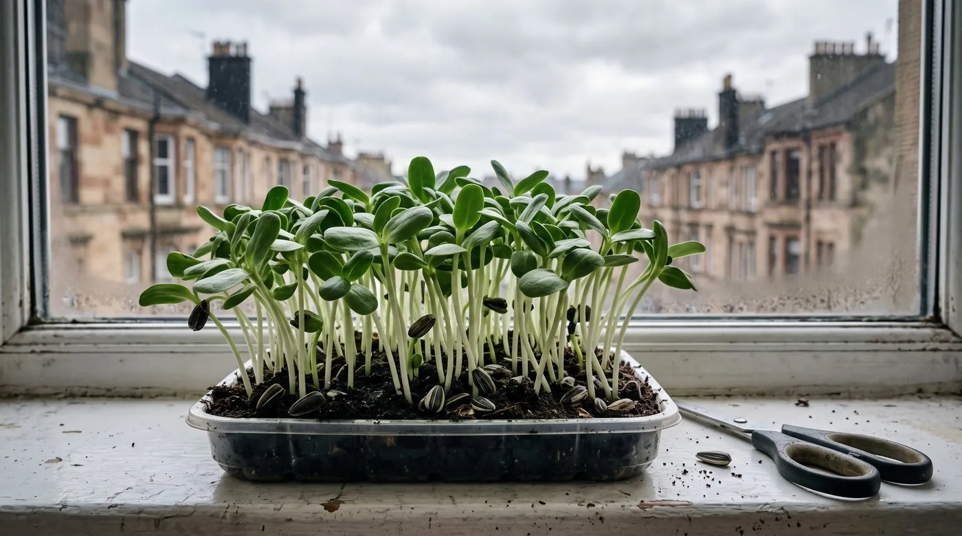 Tray of sunflower shoots with thick stems and open oval seed leaves on a flat windowsill