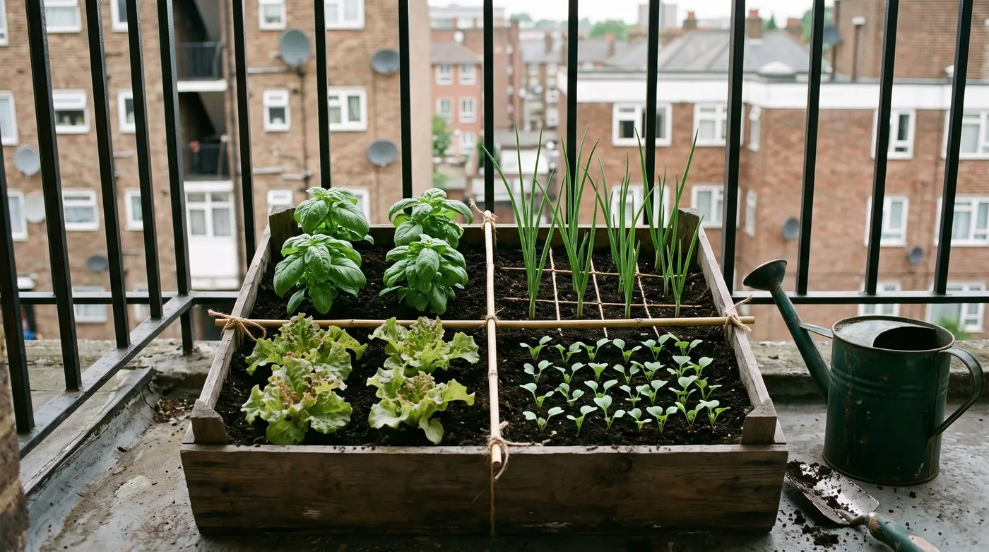 Wooden crate planter on a balcony divided into square foot grid squares of herbs and salad