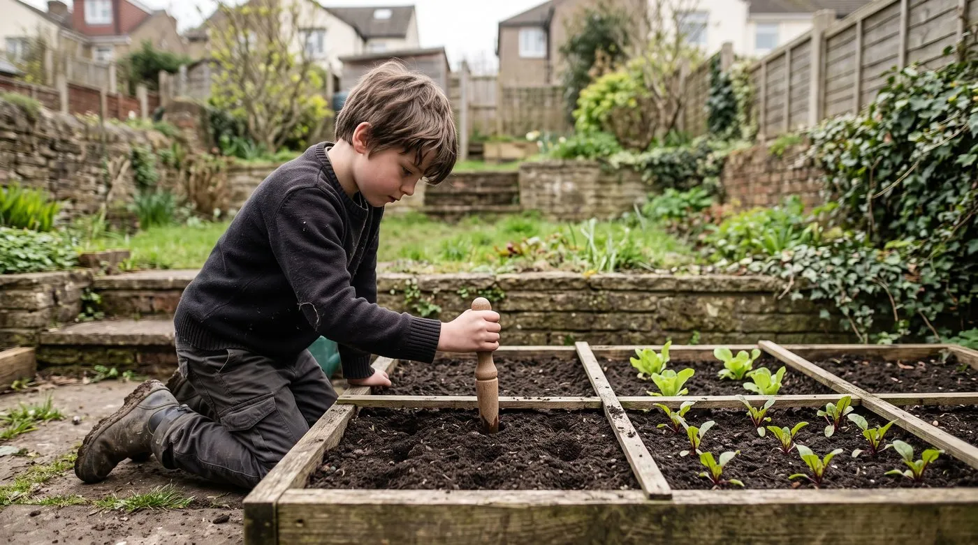 Boy making a 4 by 4 grid of holes in one square of a square foot garden bed with a dibber