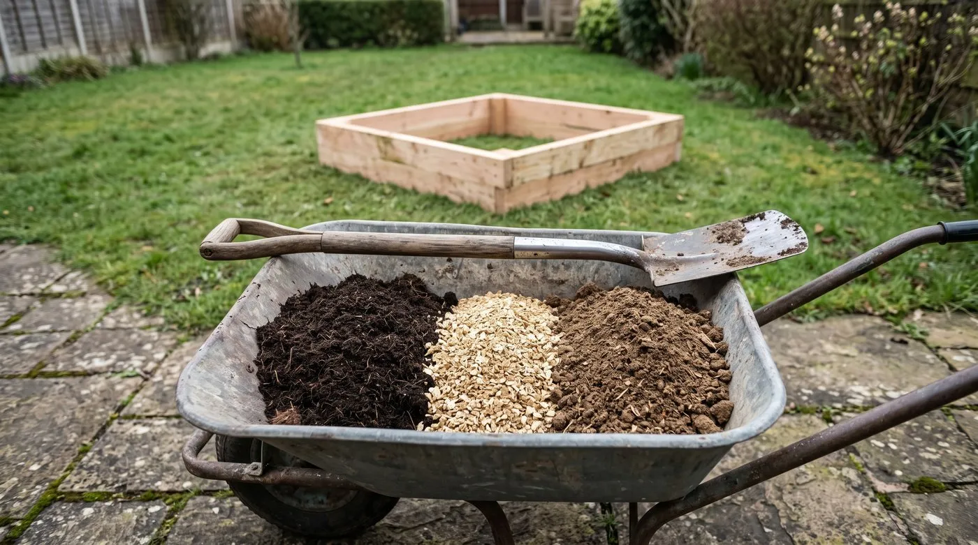 Peat-free compost, vermiculite and garden compost in a wheelbarrow ready to mix for a square foot bed