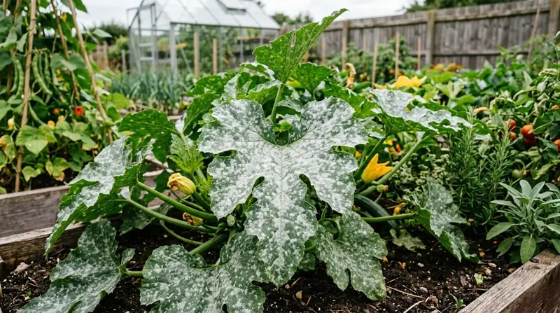 Powdery mildew on courgette leaves in a UK vegetable garden