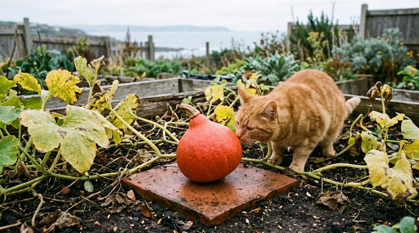 Orange winter squash ripening on a terracotta tile off the damp soil, with a ginger cat nearby