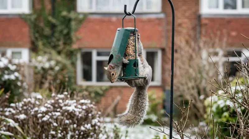 Grey squirrel hanging off a closed squirrel proof bird feeder in a UK suburban garden