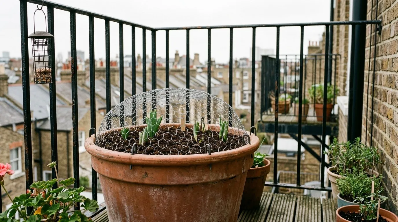 Chicken wire pinned over a bulb pot near a squirrel proof bird feeder on a city balcony