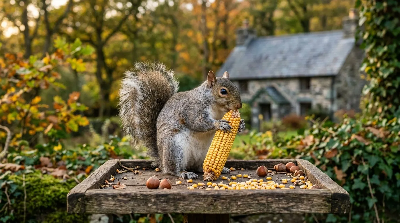 Grey squirrel eating whole maize from a decoy feeding table in a Welsh woodland-edge garden
