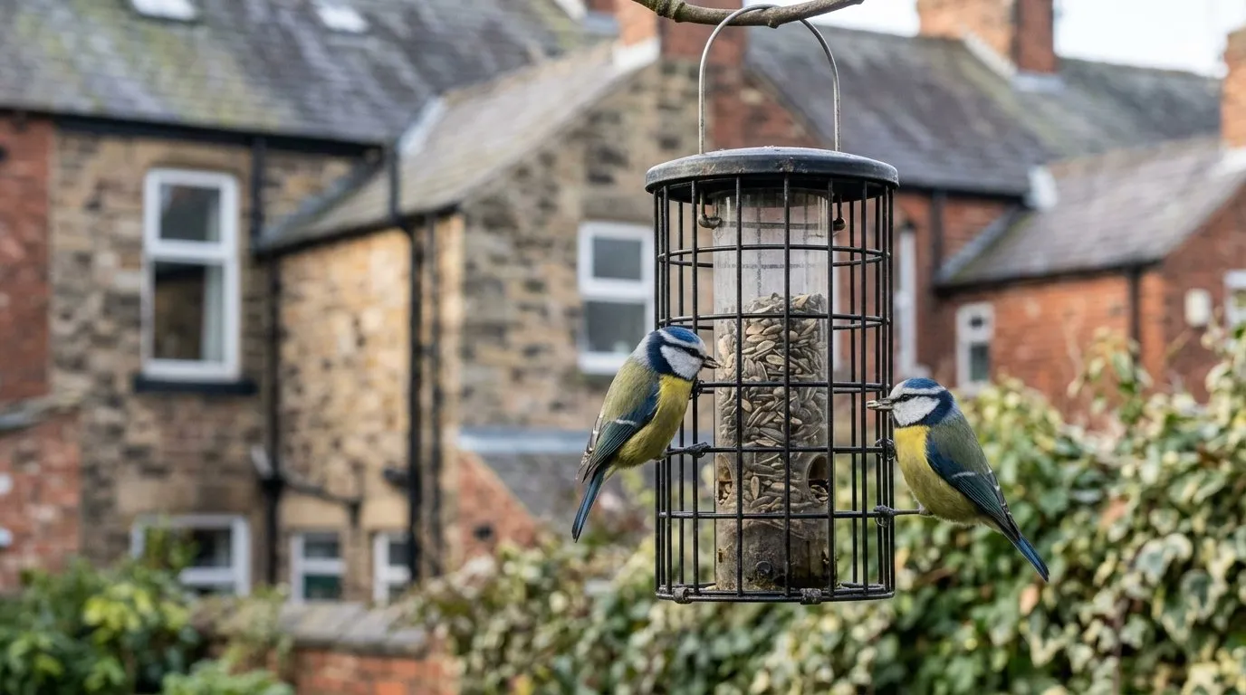 Blue tits feeding through a caged squirrel proof bird feeder in a terraced back yard