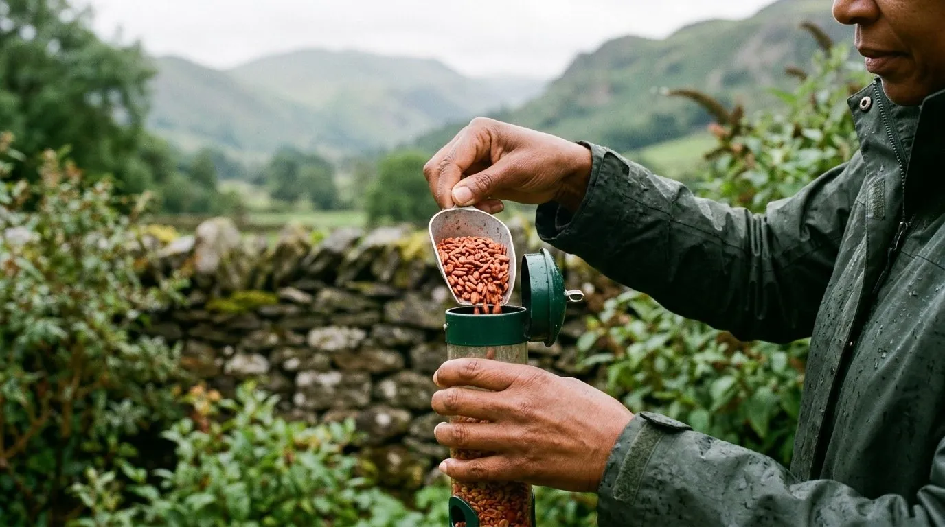 Hands pouring chilli-treated seed into a squirrel proof bird feeder in a Lake District cottage garden