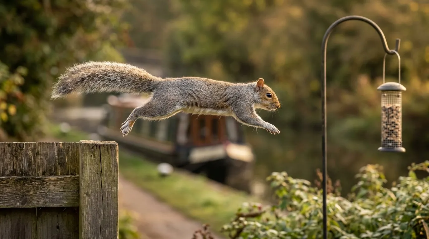 Grey squirrel leaping from a fence towards a squirrel proof bird feeder in a canal-side garden