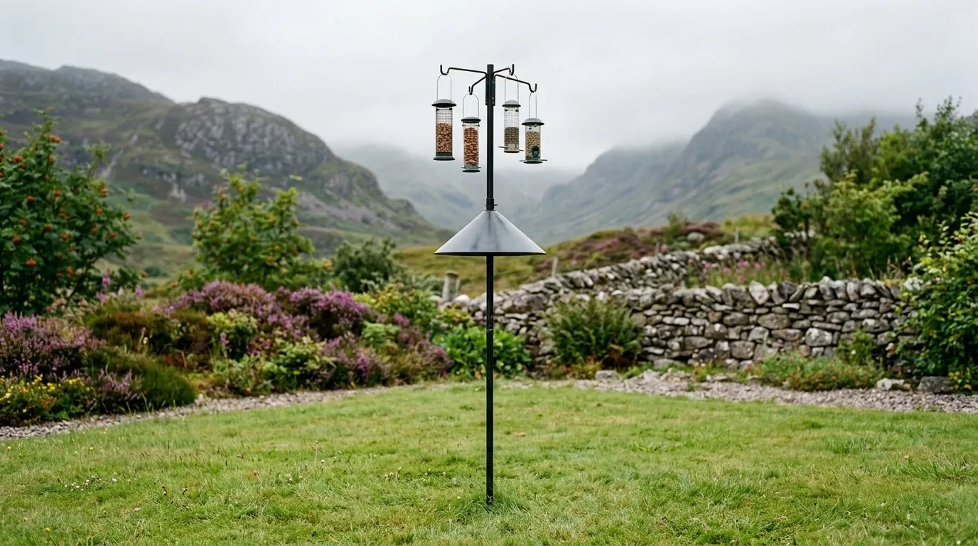 Steel pole baffle protecting a squirrel proof bird feeder in a Scottish garden