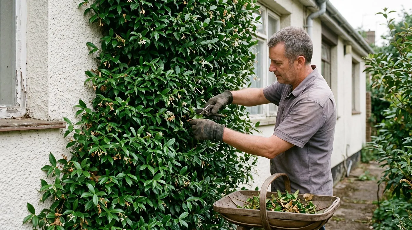 Gloved gardener lightly pruning flowered shoots of star jasmine on a sunny wall in late summer