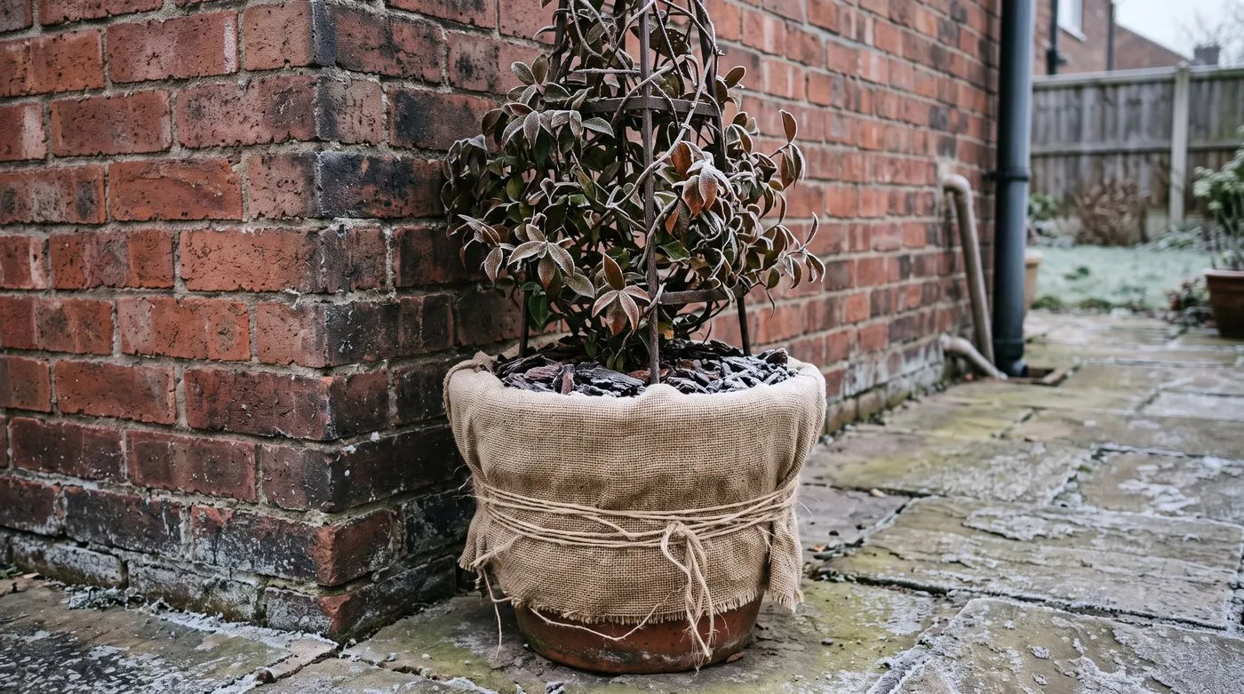 Star jasmine in a hessian-wrapped pot against a sheltered wall on a frosty winter morning