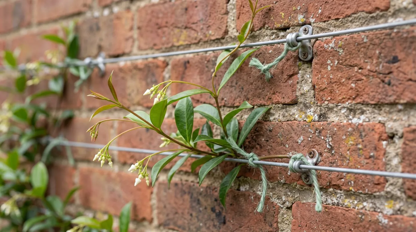 Star jasmine stems tied sideways along wall wires with soft twine on a brick wall