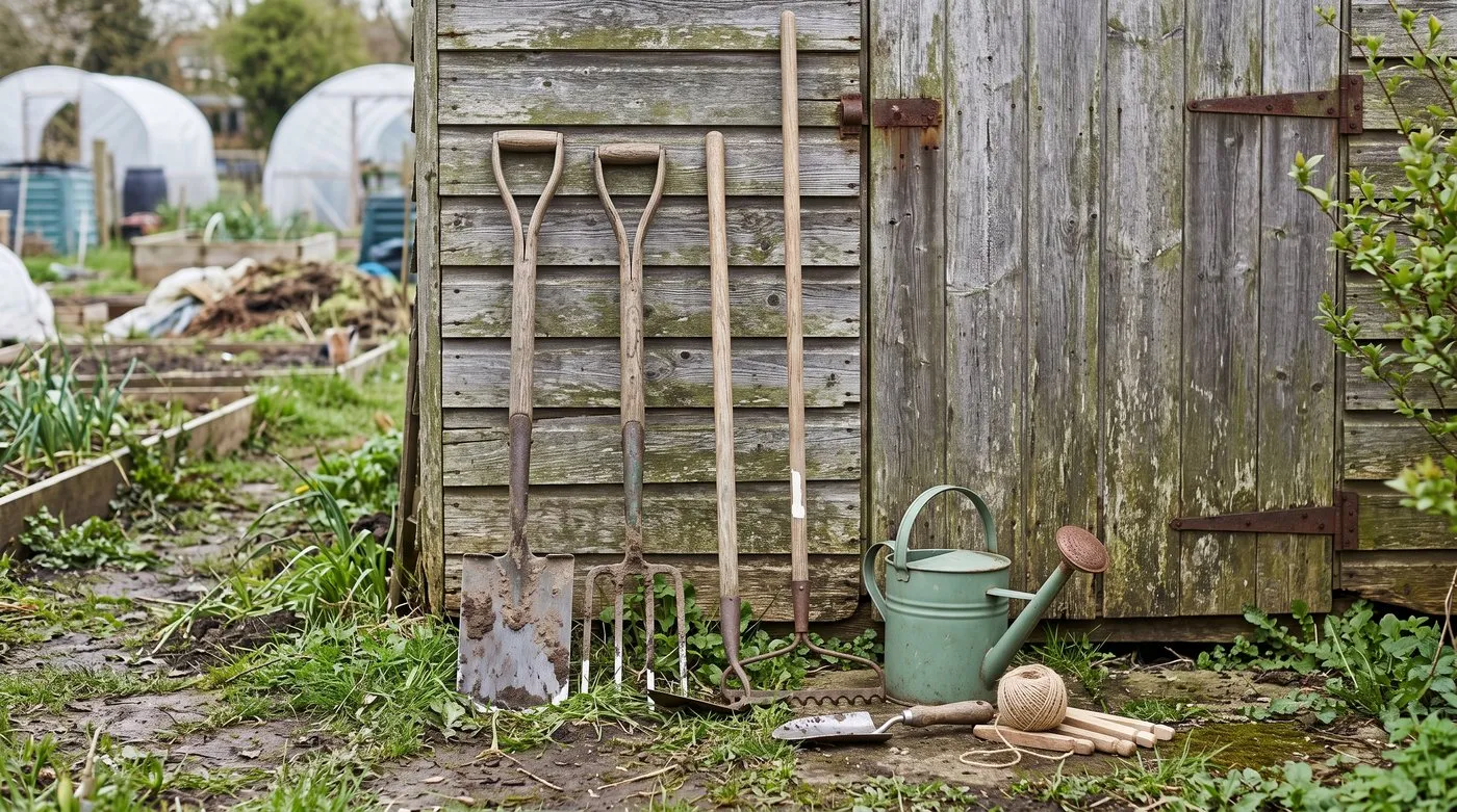 Spade, fork, hoe, rake, trowel and watering can leaning against an allotment shed