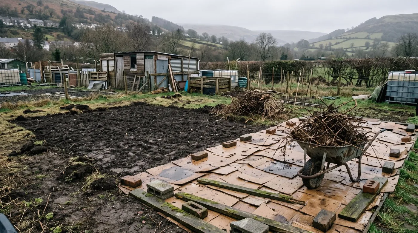 Allotment plot with one cleared bed and the rest covered in cardboard weighed down with bricks