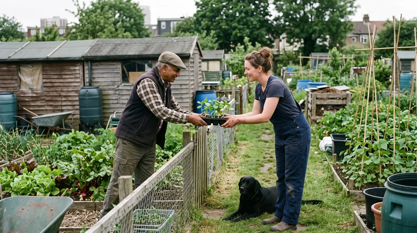 Two allotment neighbours sharing a tray of seedlings over a fence while a dog lies on the path