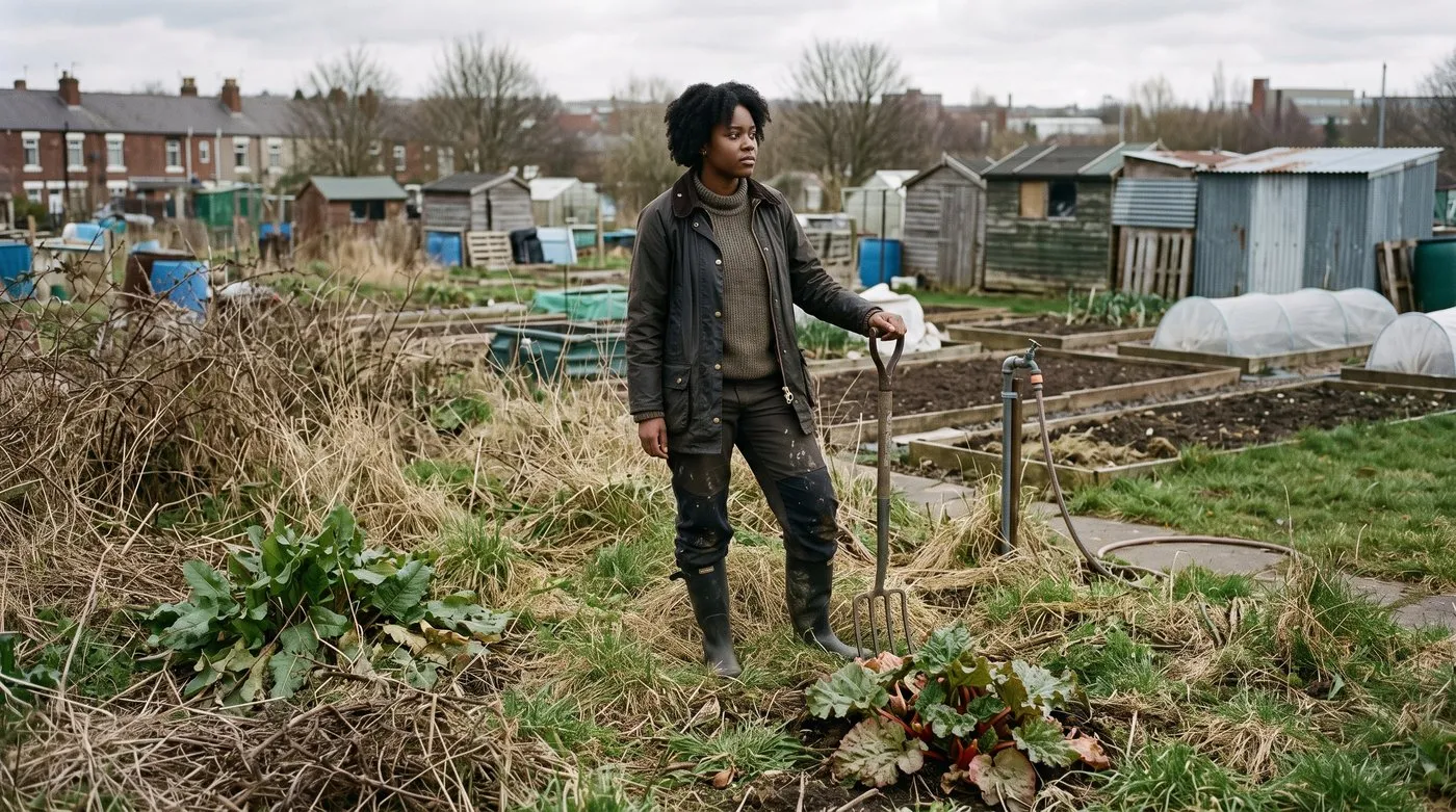 New allotment holder with a fork looking over a partly overgrown plot with rhubarb and a water tap nearby