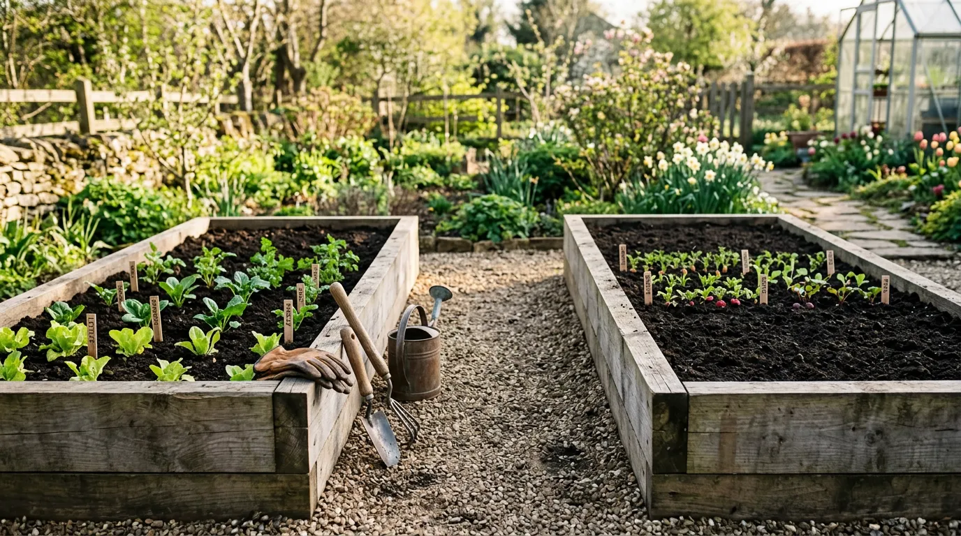 Newly prepared vegetable garden with raised beds, paths between them, and tools ready for planting
