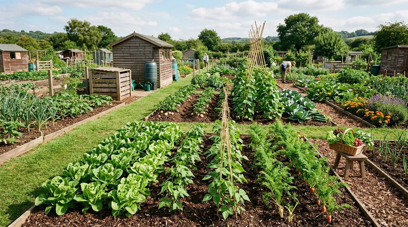 Well-organised vegetable garden with rows of different crops at various growth stages in summer sunlight