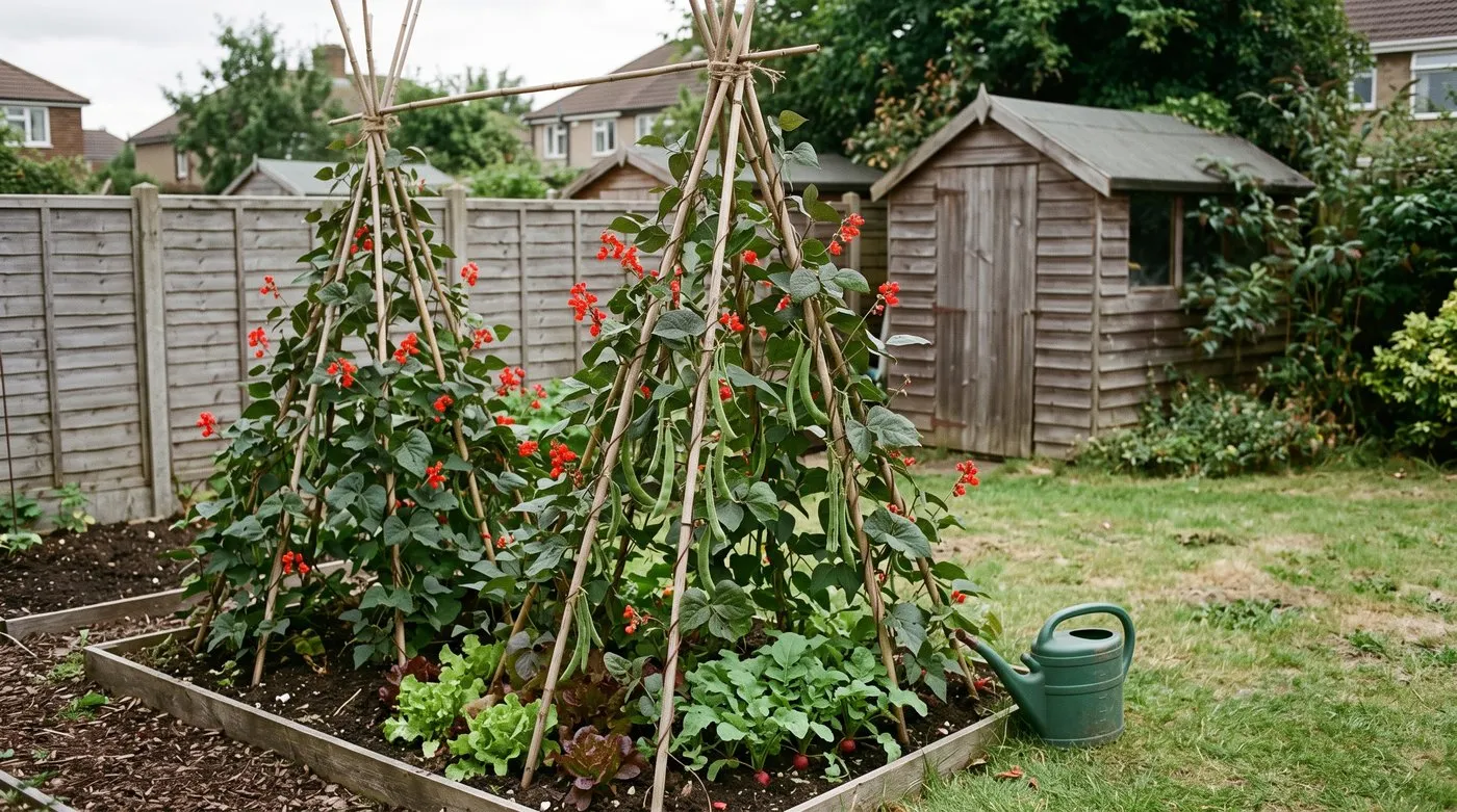 Runner beans climbing a bamboo cane wigwam with scarlet flowers and long green pods