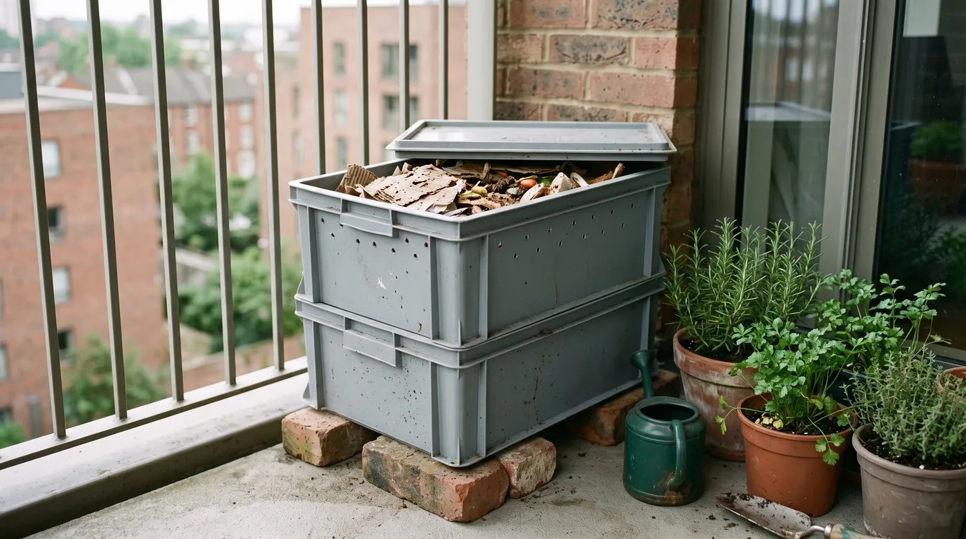 A homemade wormery made from two nested storage boxes with drilled holes on a shady flat balcony