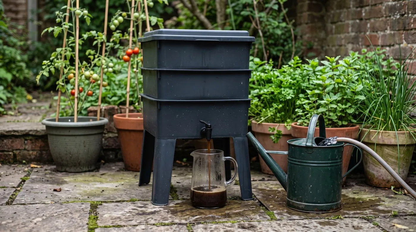 Dark liquid feed draining from the tap of a stacking wormery into a jug on a patio