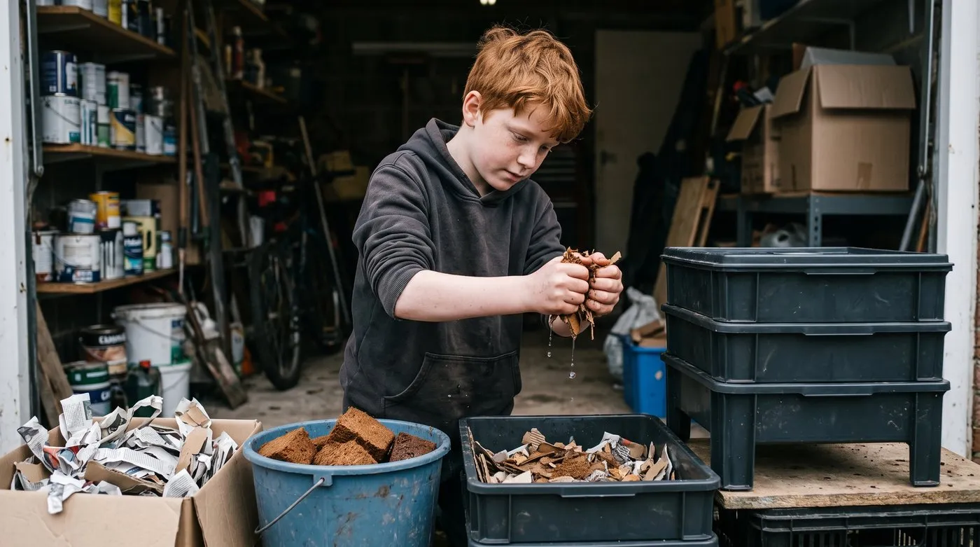 A boy squeezing a handful of damp coir and cardboard bedding over a new wormery tray