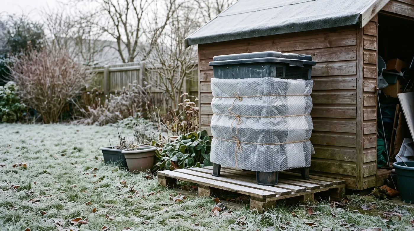 A wormery wrapped in bubble wrap and raised on a wooden pallet beside a shed on a frosty morning