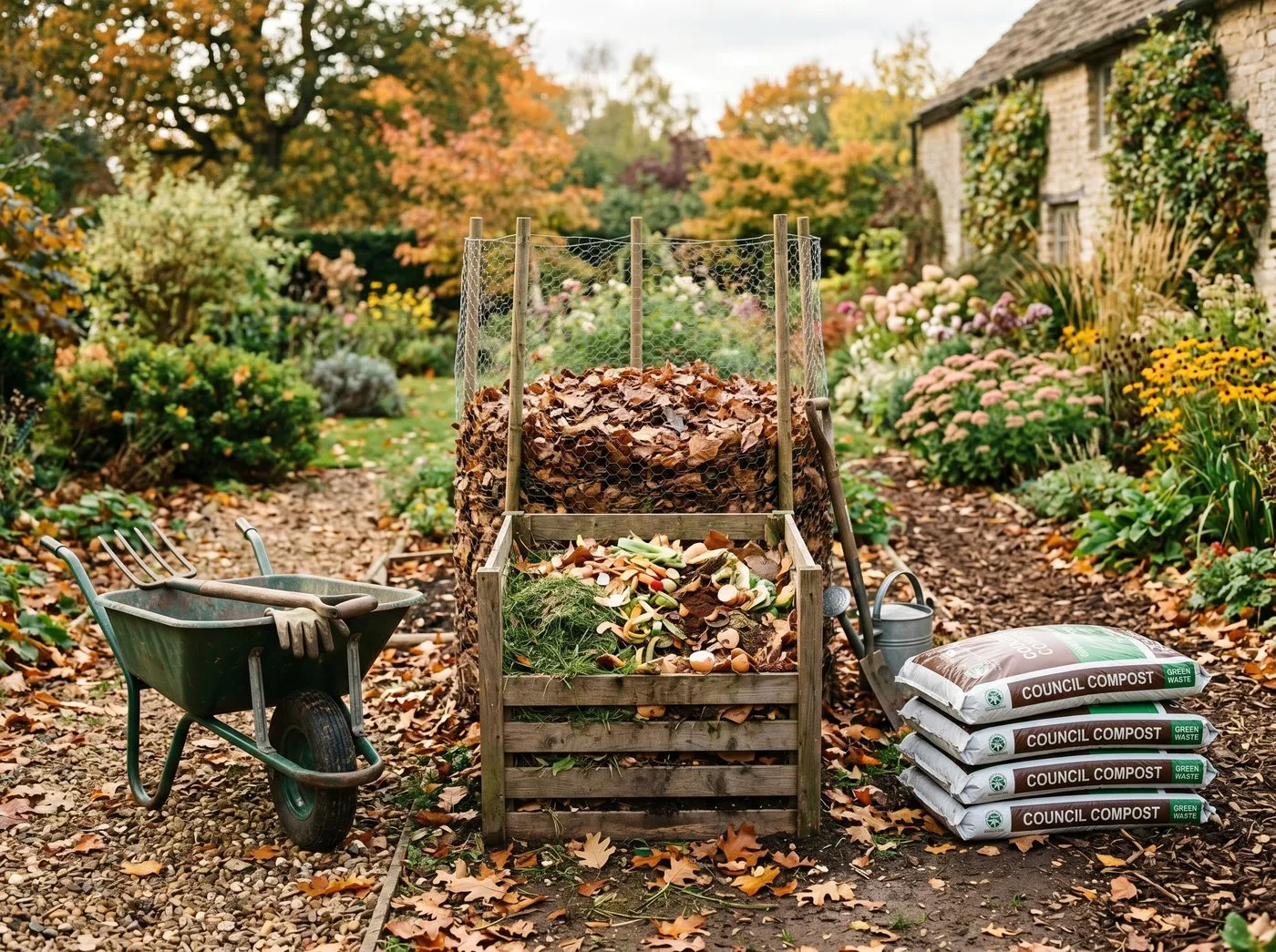 UK gardener filling a compost bin with kitchen scraps and lawn clippings, a leaf-mould cage made of chicken wire visible behind, a stack of bagged council compost ready to spread, an autumn allotment scene