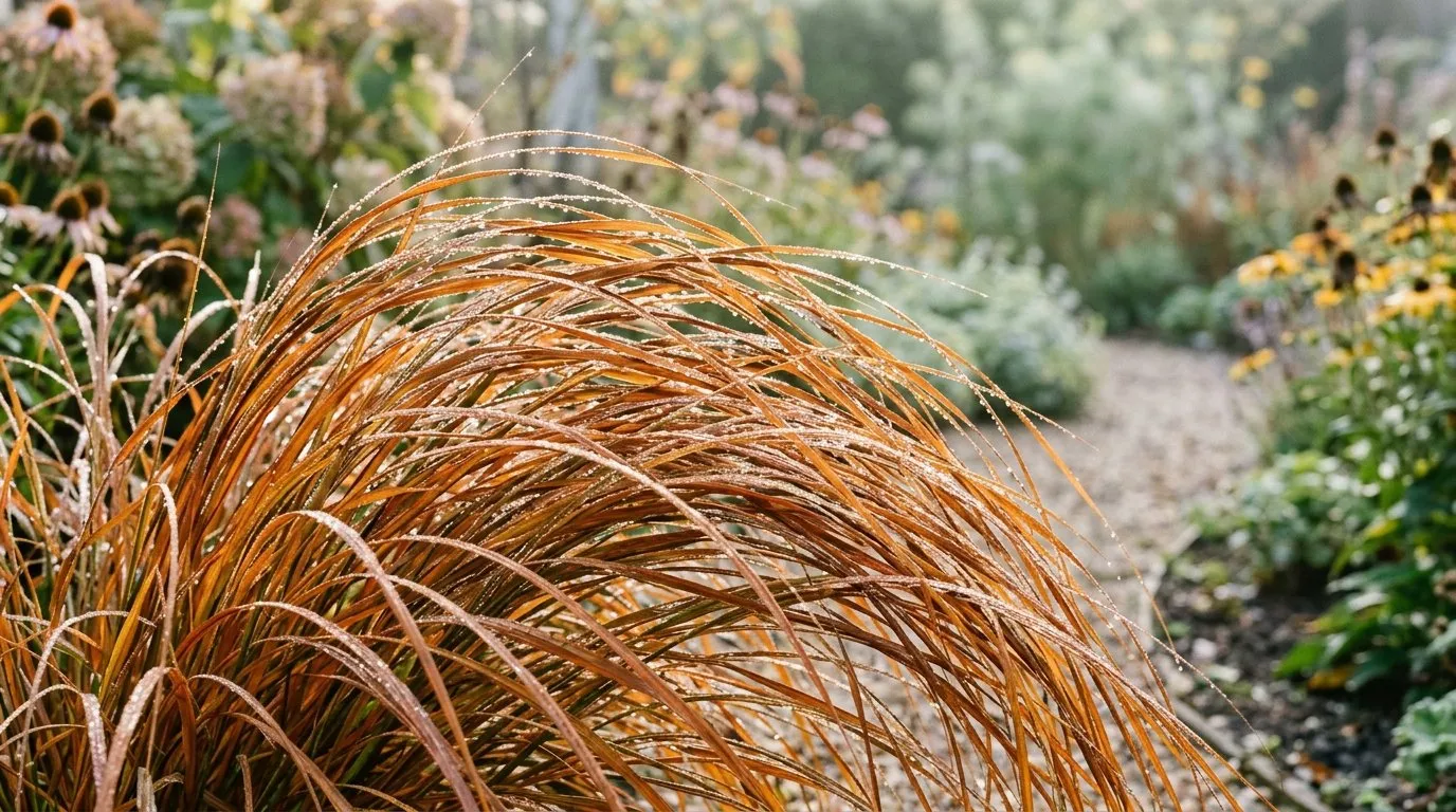 Stipa arundinacea pheasant tail grass showing bronze autumn foliage