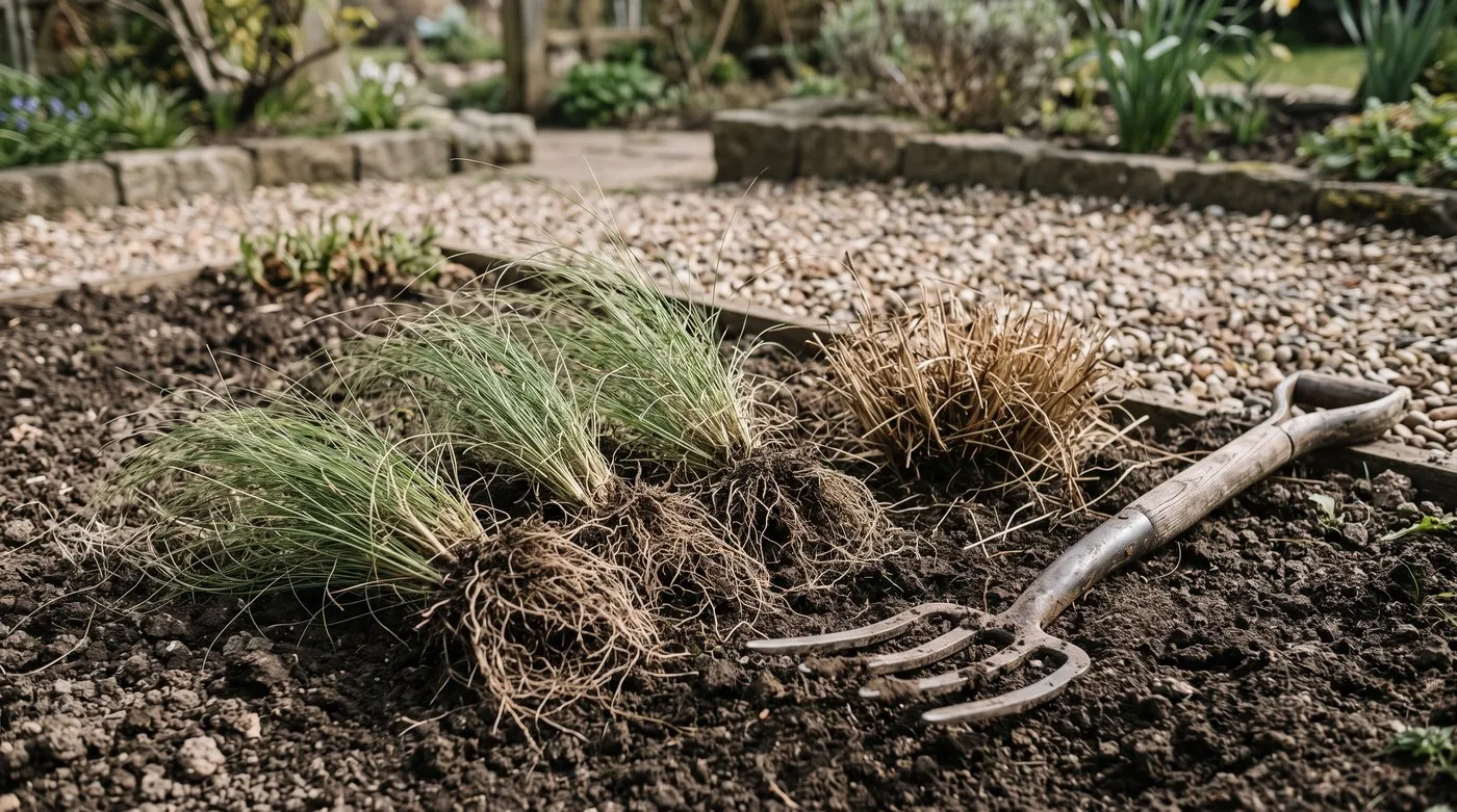 Lifted Mexican feather grass clump split into pieces with the dead brown centre removed