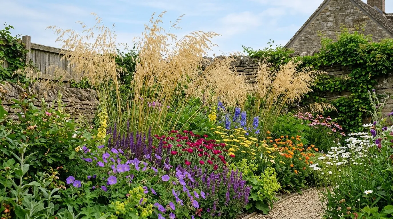Stipa gigantea feather grass with golden flower heads in a UK garden