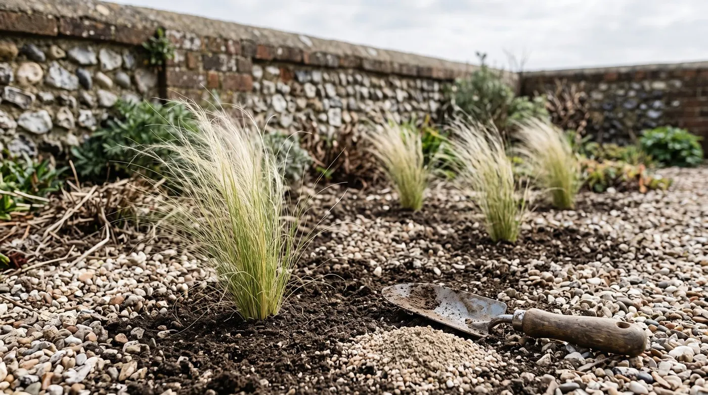Newly planted Stipa tenuissima with its crown level with the soil and a gravel mulch