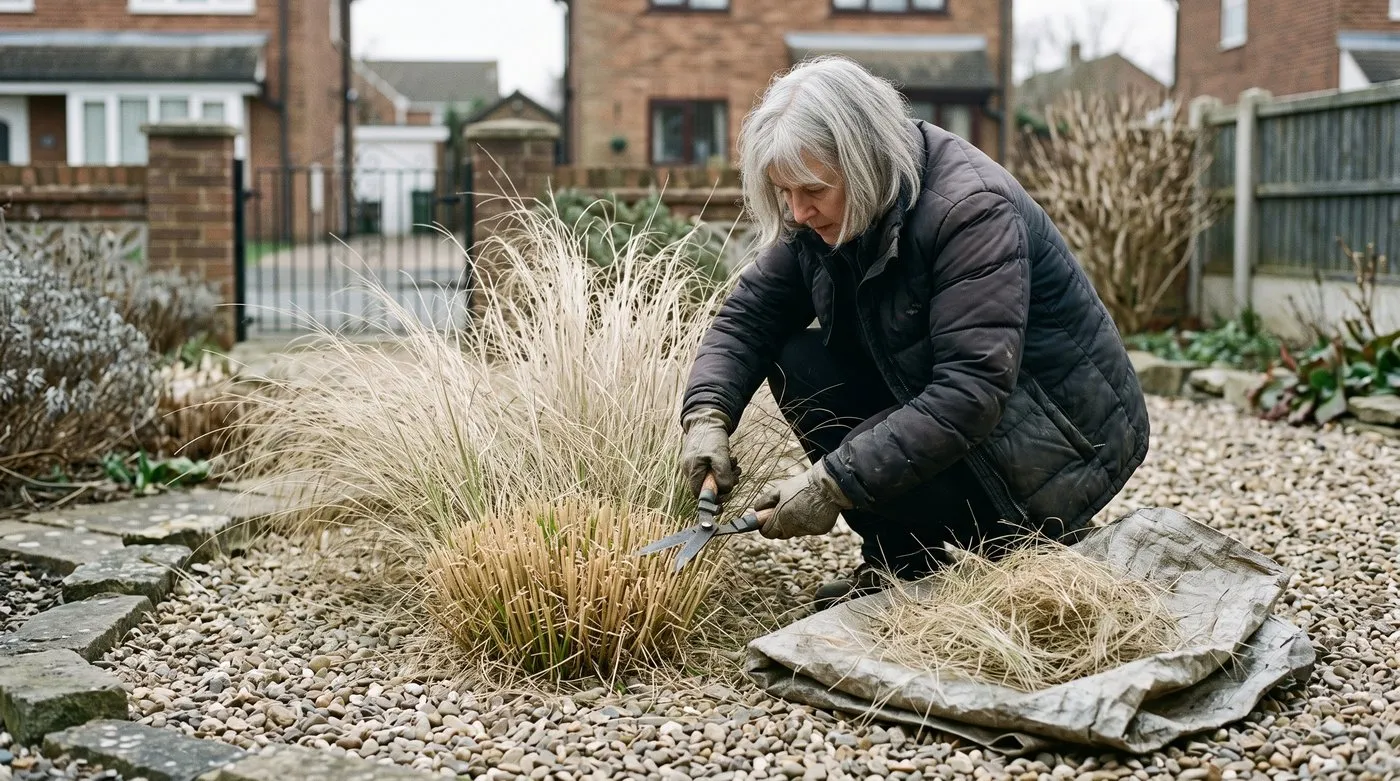 Gardener cutting Mexican feather grass back to 10cm with shears in late February