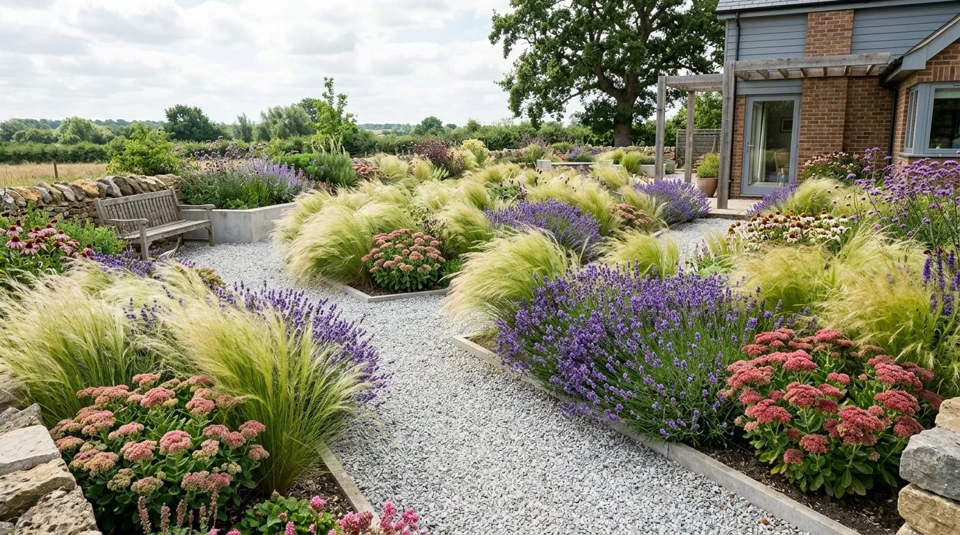 Stipa tenuissima feather grass swaying in a gravel garden