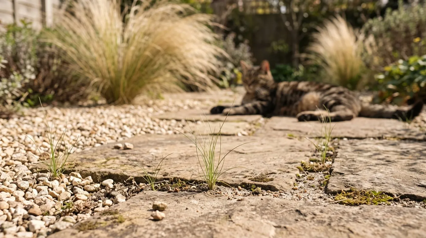 Self-sown Mexican feather grass seedlings in gravel and path cracks, with a cat sunning nearby
