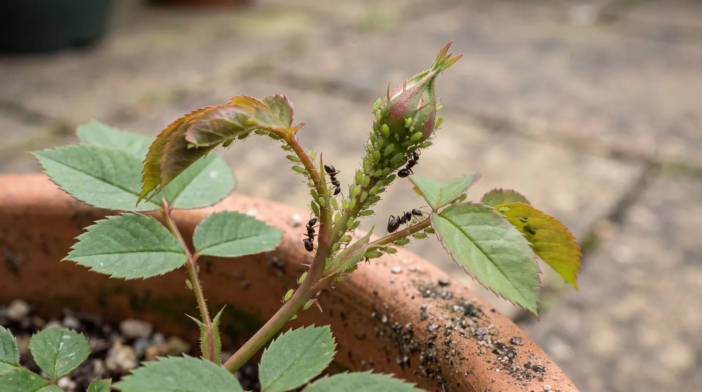 Black garden ants tending green aphids on a rose shoot in a pot on a patio