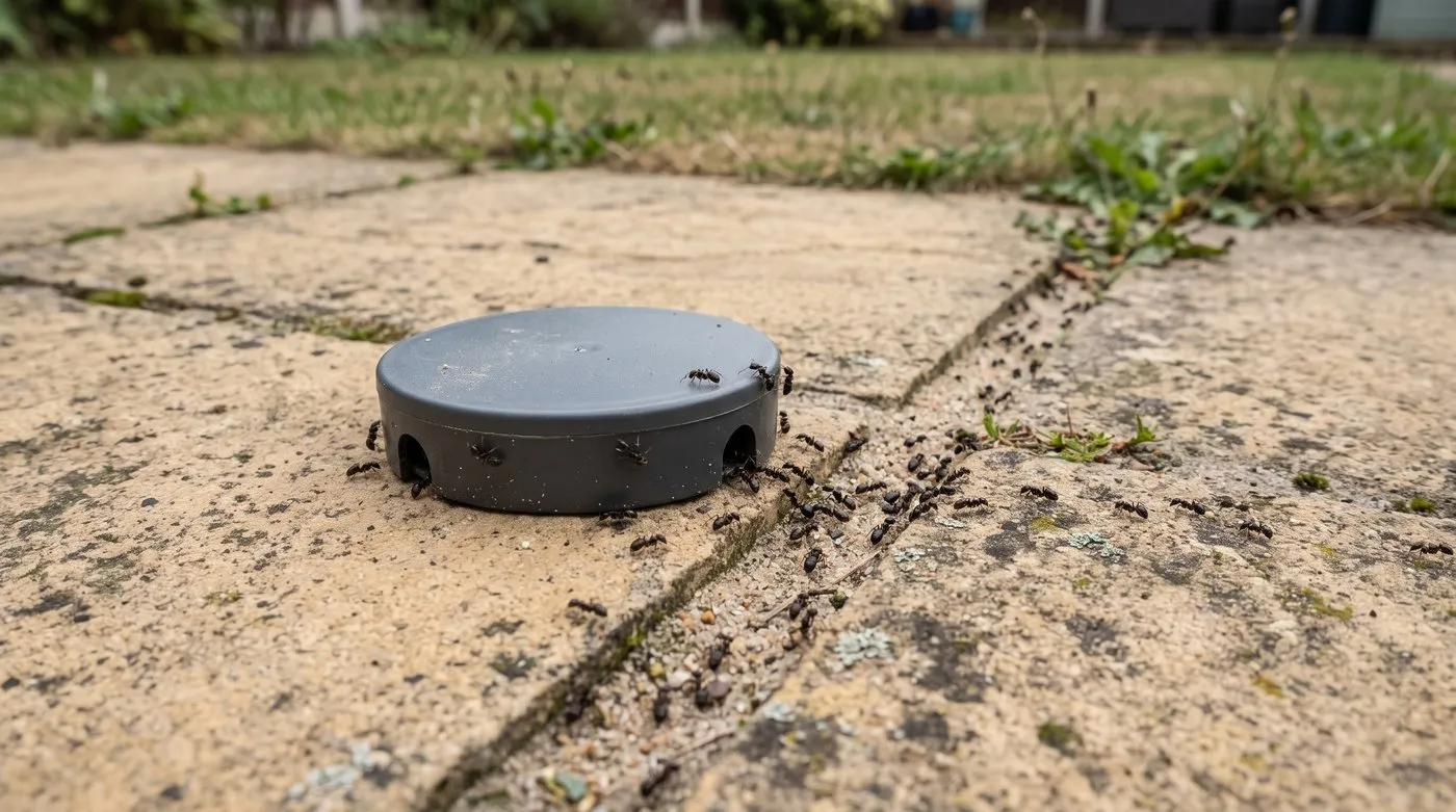 Ready-made ant bait station placed on an ant trail along a patio joint
