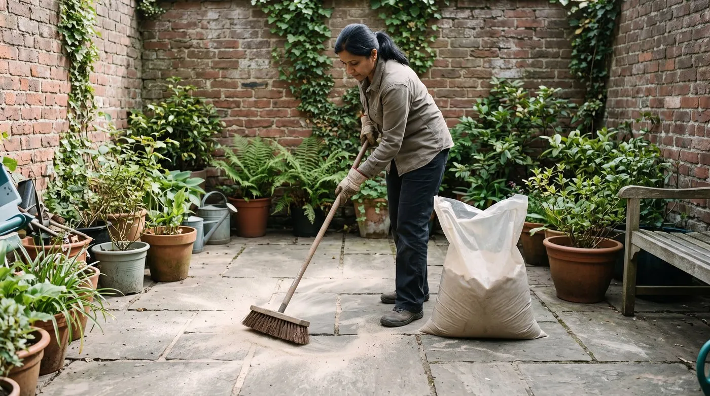 Gardener brushing kiln-dried sand into the joints of a patio with a stiff broom