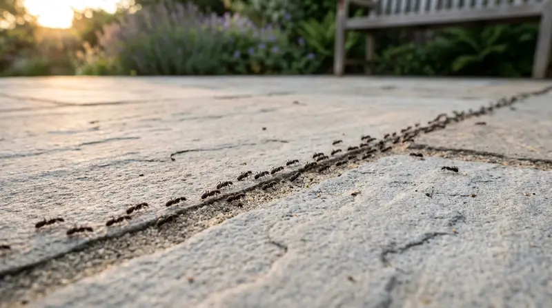 Black garden ants trailing across a UK patio with dry sand-filled joints in late spring