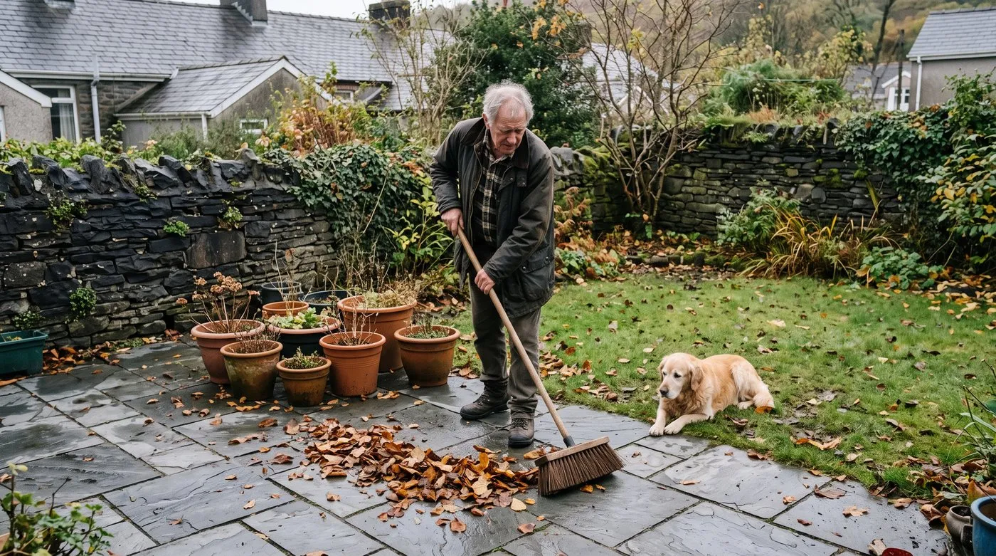 Man sweeping leaves off a patio in autumn while a dog watches from the lawn