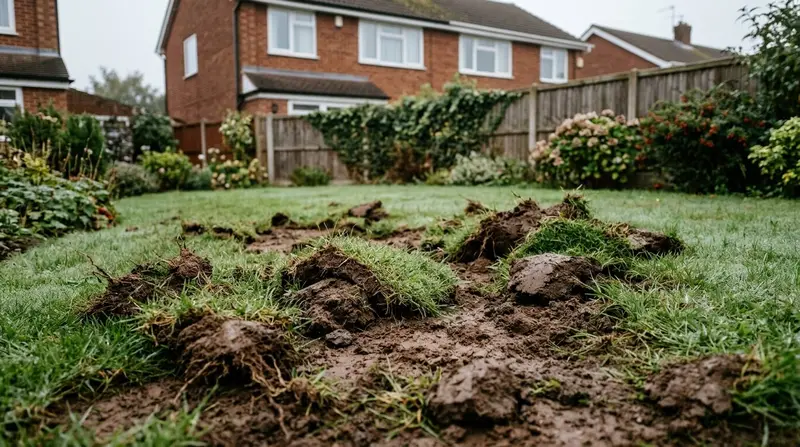 Suburban UK lawn torn up by a badger overnight, turf rolled back in patches to expose bare soil
