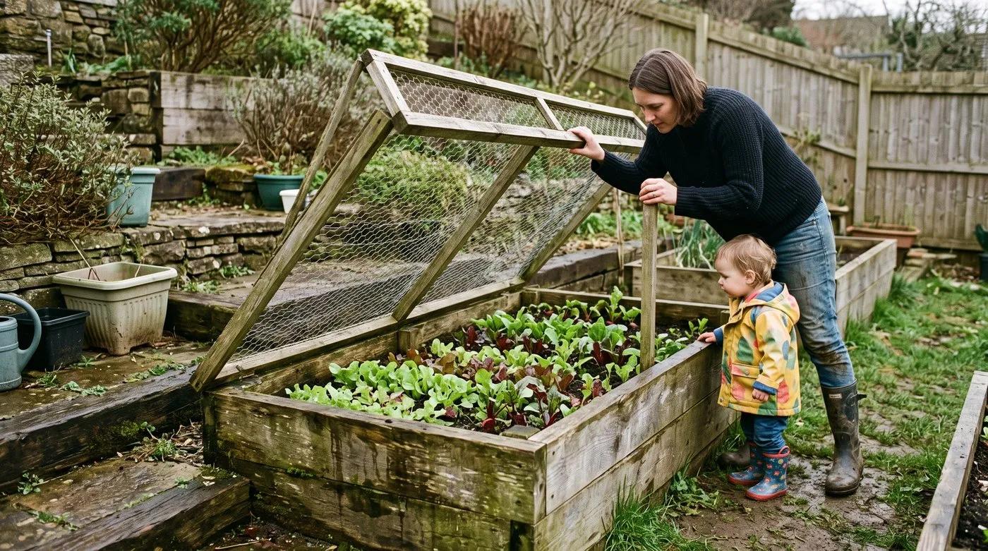 A woman lifting a hinged chicken wire lid off a raised vegetable bed to pick salad